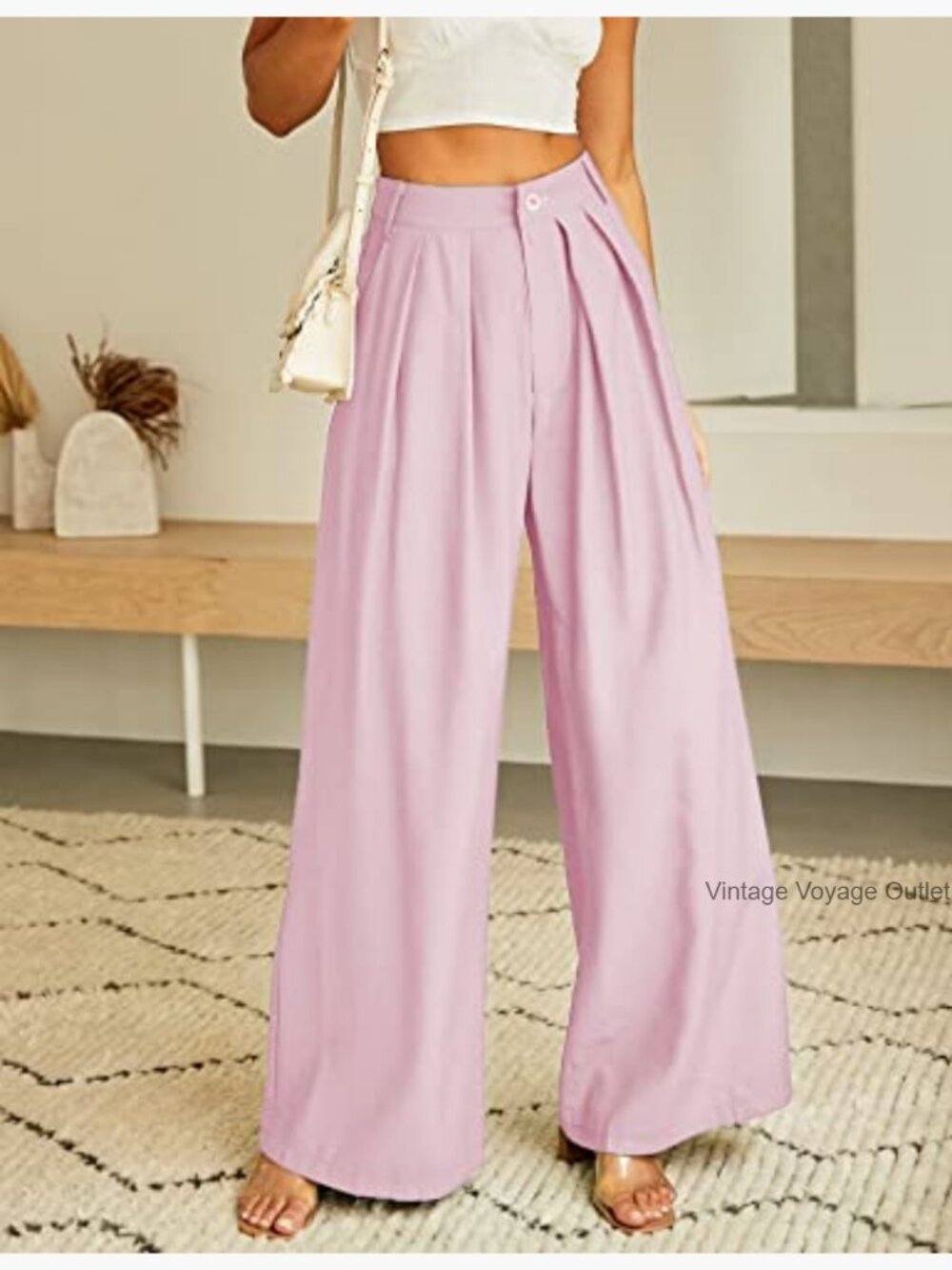 High Waist Wide Leg Palazzo Pants, Polyester Work Pants with Pockets - Picture 4 of 7